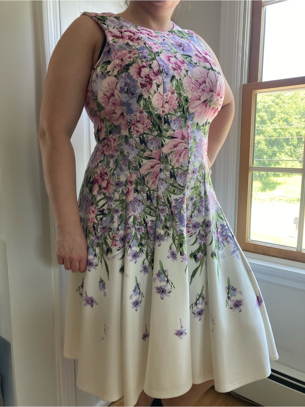Julian Taylor Floral Fit-and-Flare Dress in White with Pastel Pink and Lavender